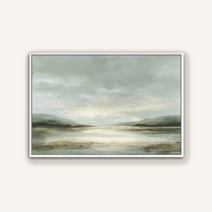 The image is a landscape painting depicting a serene scene of a lake surrounded by mountains under a cloudy sky.