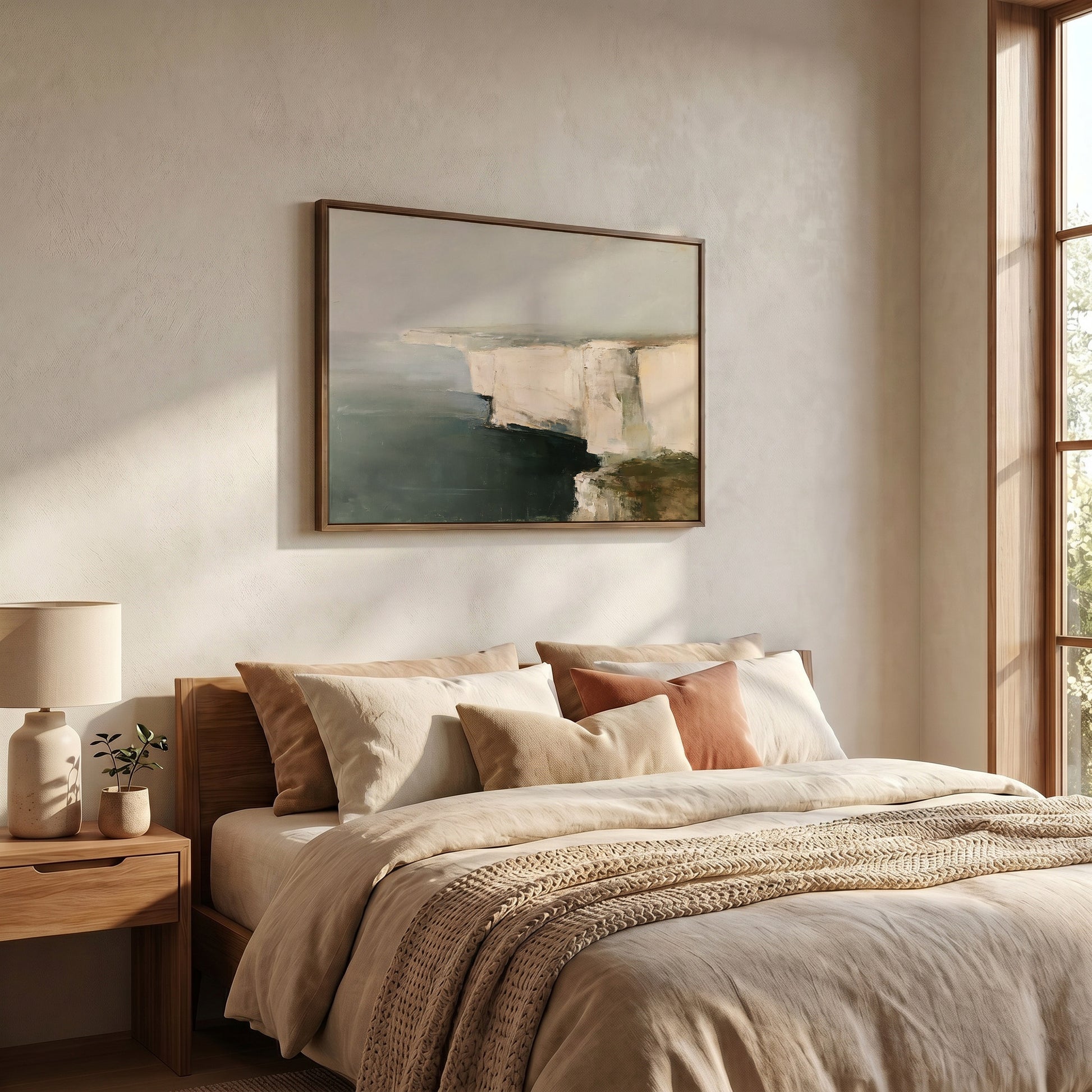 a serene bedroom scene with a large bed adorned with beige bedding and a framed landscape painting hanging above it. The painting features a cliff overlooking a body of water, creating a calming and peaceful atmosphere in the room.