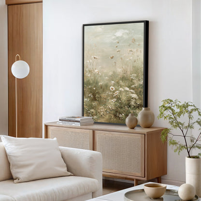 a serene and modern living room with a large floral painting on the wall, a white sofa, a wooden cabinet, and a potted plant.