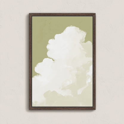 Rise canvas wall art featuring a soft, ascending cloud against a muted sage background in a dark wood frame