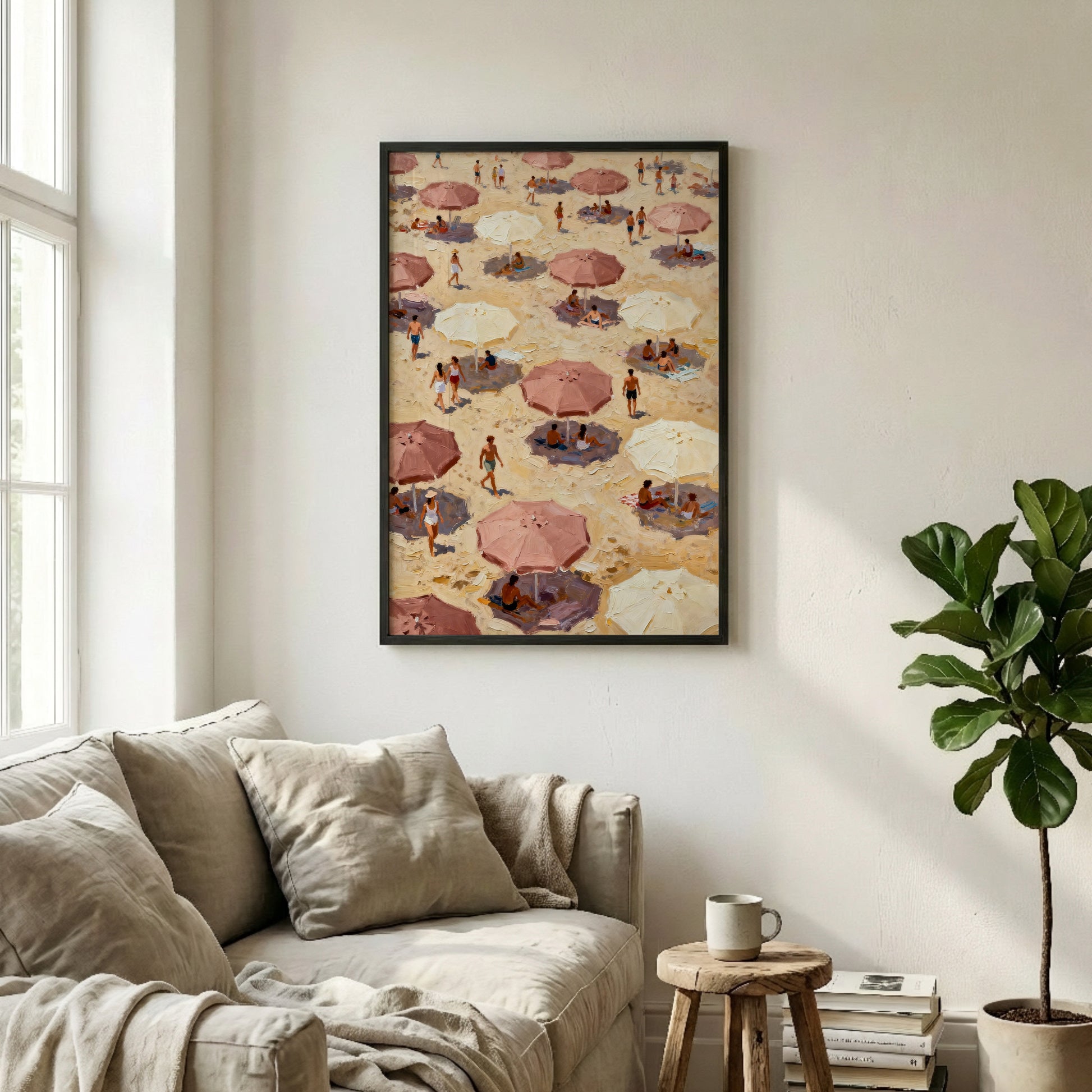 a beach scene with numerous colorful umbrellas and people enjoying the sun and sand.