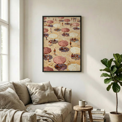 a beach scene with numerous colorful umbrellas and people enjoying the sun and sand.