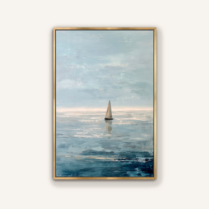 a sailboat on the water, with a cloudy sky in the background.