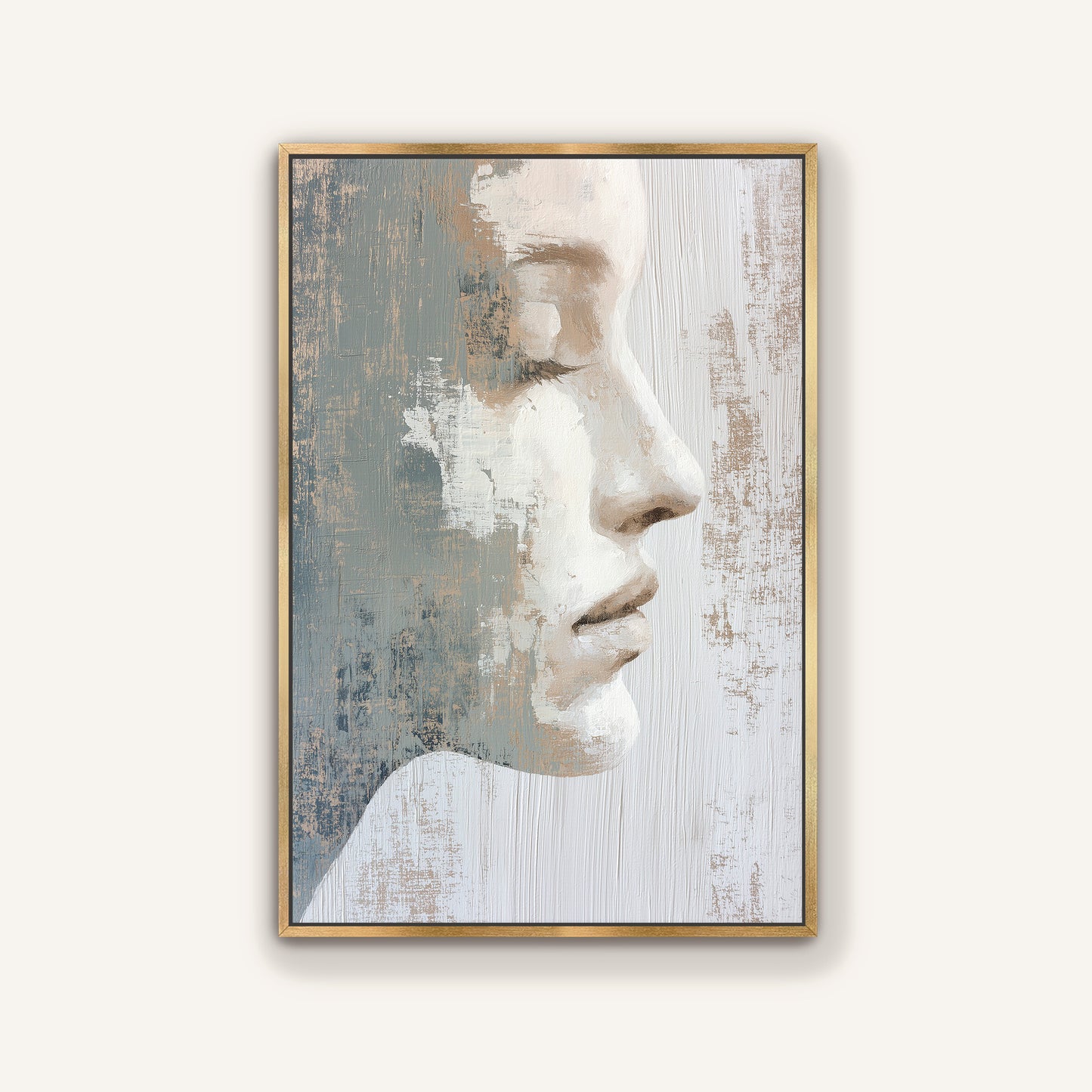 The image is a framed painting depicting a close-up profile view of a person's face, with a textured background.