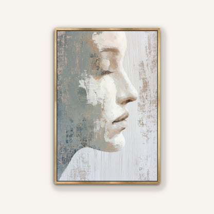 The image is a framed painting depicting a close-up profile view of a person's face, with a textured background.