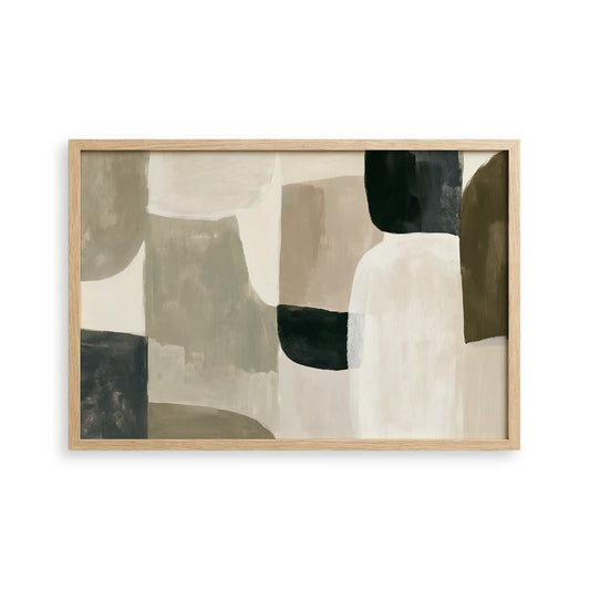 The image is a framed abstract painting featuring a variety of colors and shapes, including shades of brown, gray, and black.