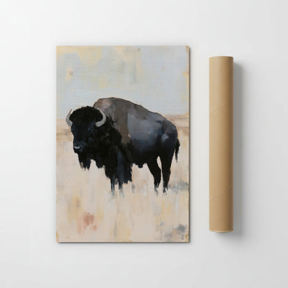 The image is a painting of a black buffalo standing in a field.