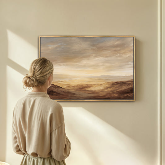 A woman stands in front of a large painting, gazing at the landscape depicted in the artwork.