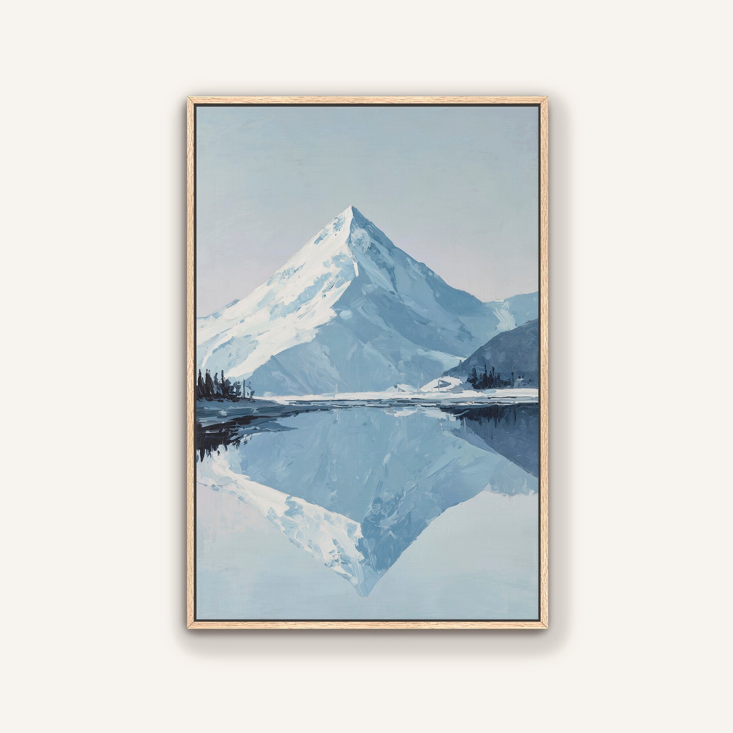 a serene landscape with a snow-capped mountain reflected in a calm lake, surrounded by trees and mountains in the distance.