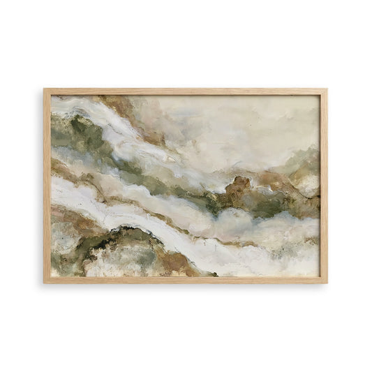 The image is a framed abstract painting with a landscape-like composition of various shades of green, brown, and white.