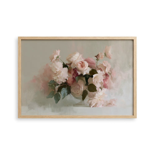 A framed painting depicting a bouquet of pink and white roses against a light background.