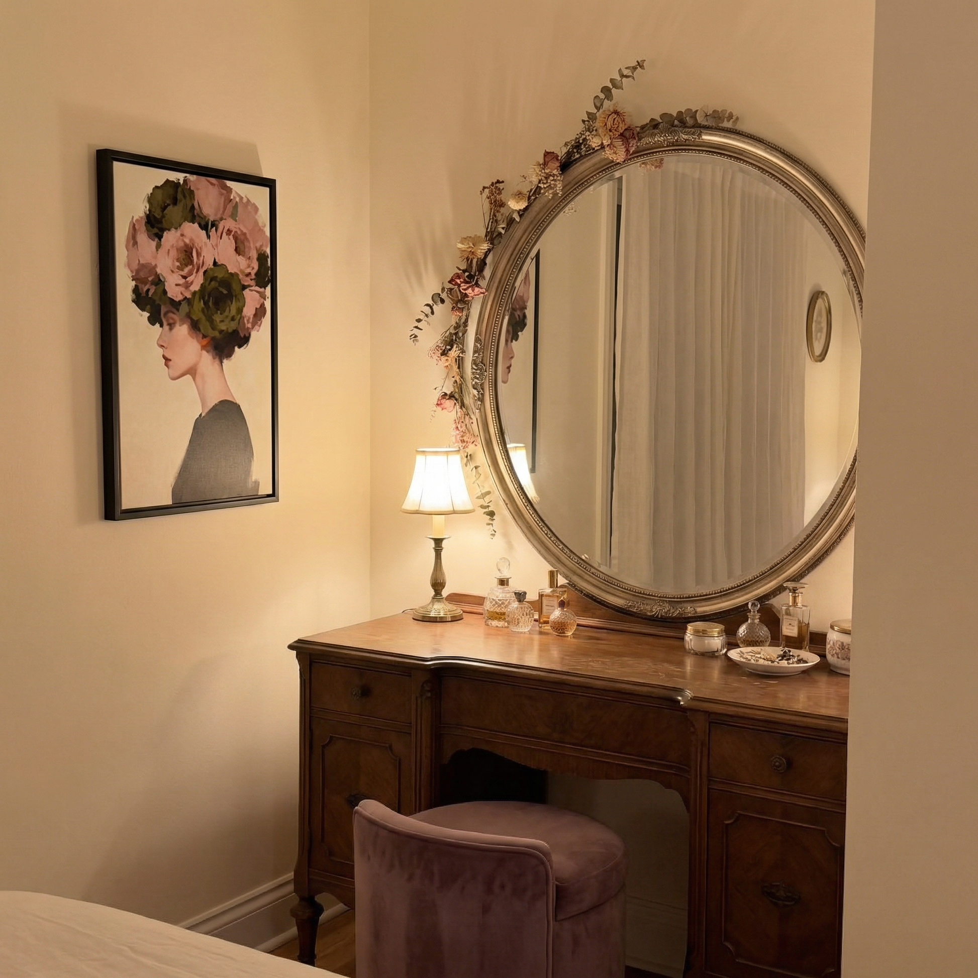 a bedroom with a large mirror, a wooden dresser, and a framed portrait of a woman with a floral headpiece.