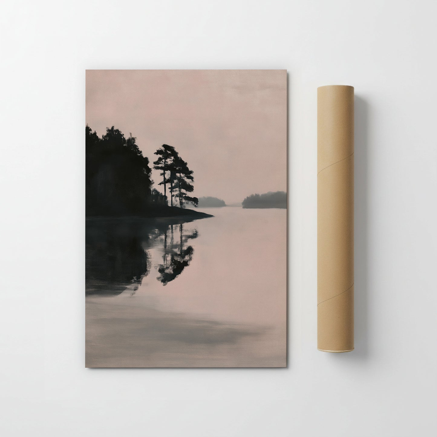 The image is a serene landscape featuring a calm lake surrounded by trees, with a hazy sky in the background.