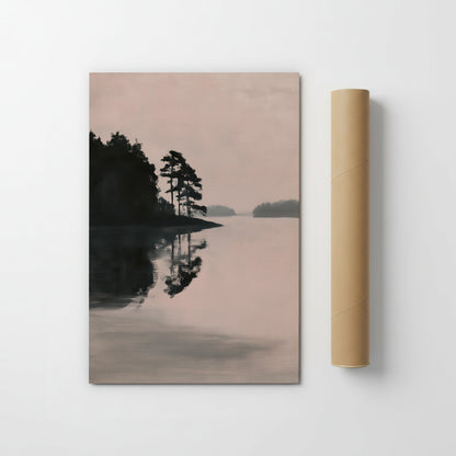 The image is a serene landscape featuring a calm lake surrounded by trees, with a hazy sky in the background.