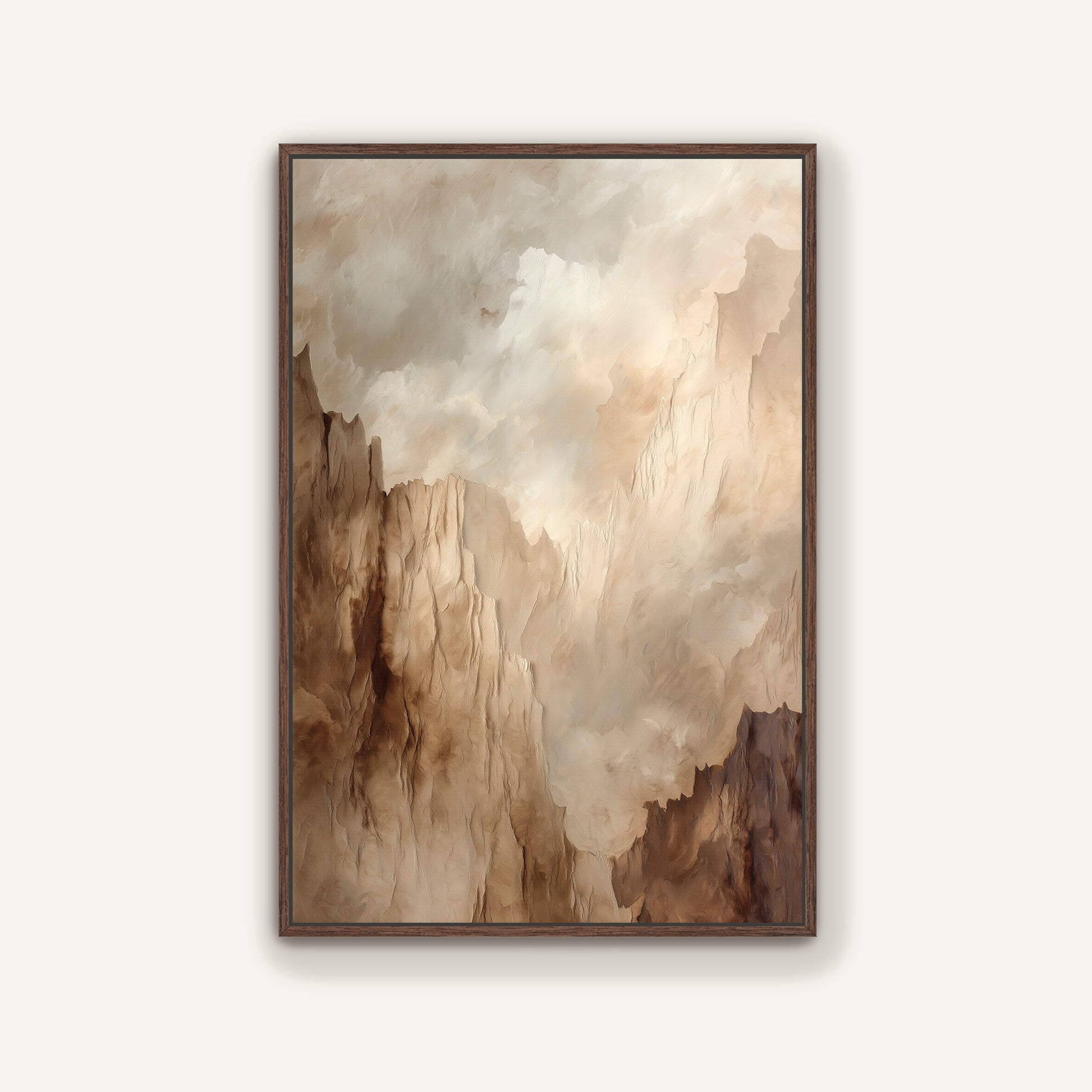 The image is a framed painting depicting a landscape with a cloudy sky and mountains in the background.