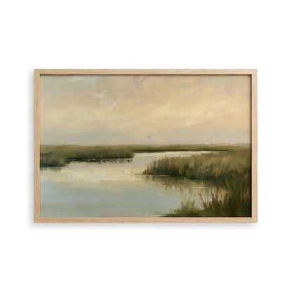 The image is a painting of a serene landscape featuring a calm body of water surrounded by lush vegetation.