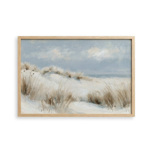 The image is a painting depicting a serene landscape with a snowy field, grassy dunes, and a cloudy sky.