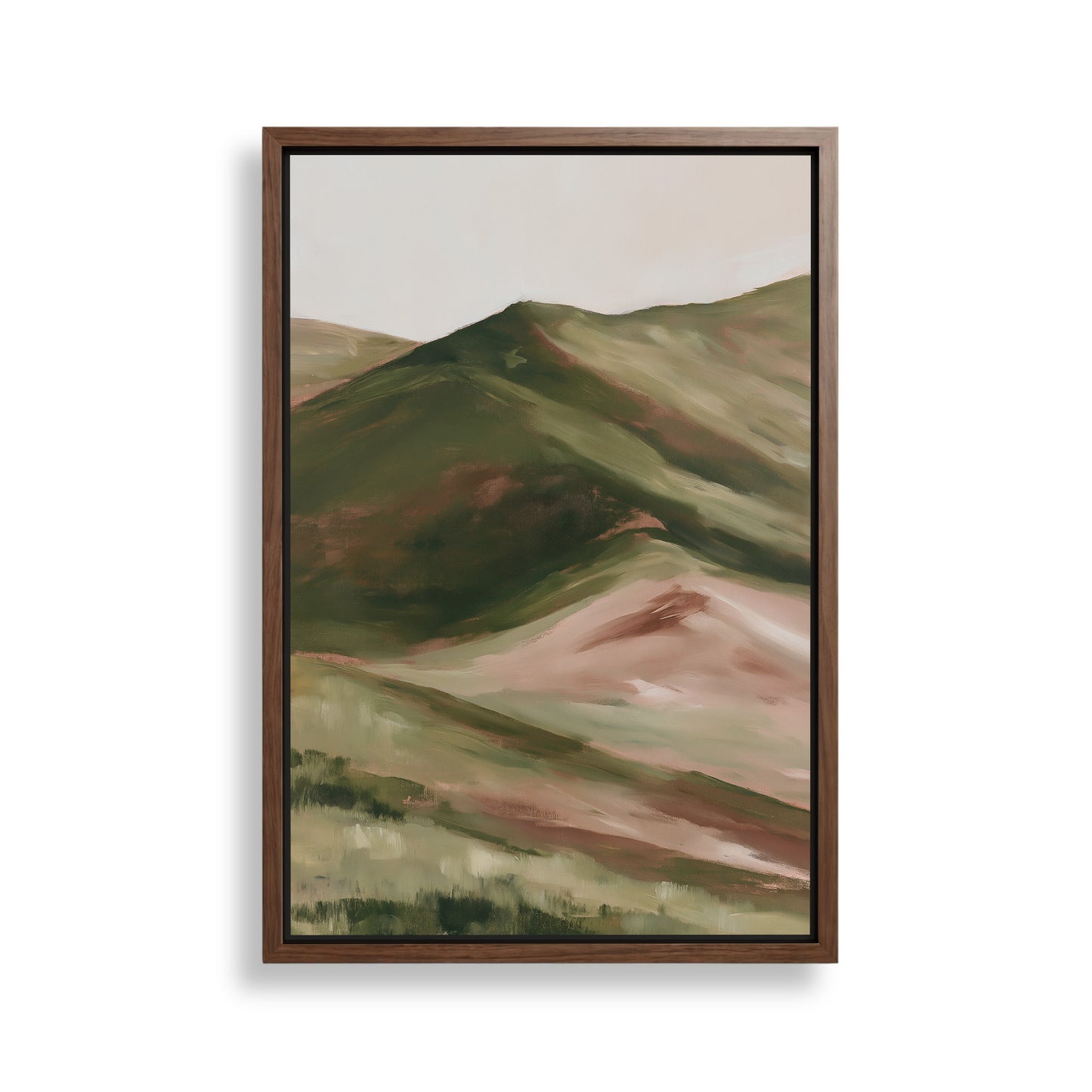 The image is a framed painting depicting a landscape with rolling hills and mountains in shades of green and brown.