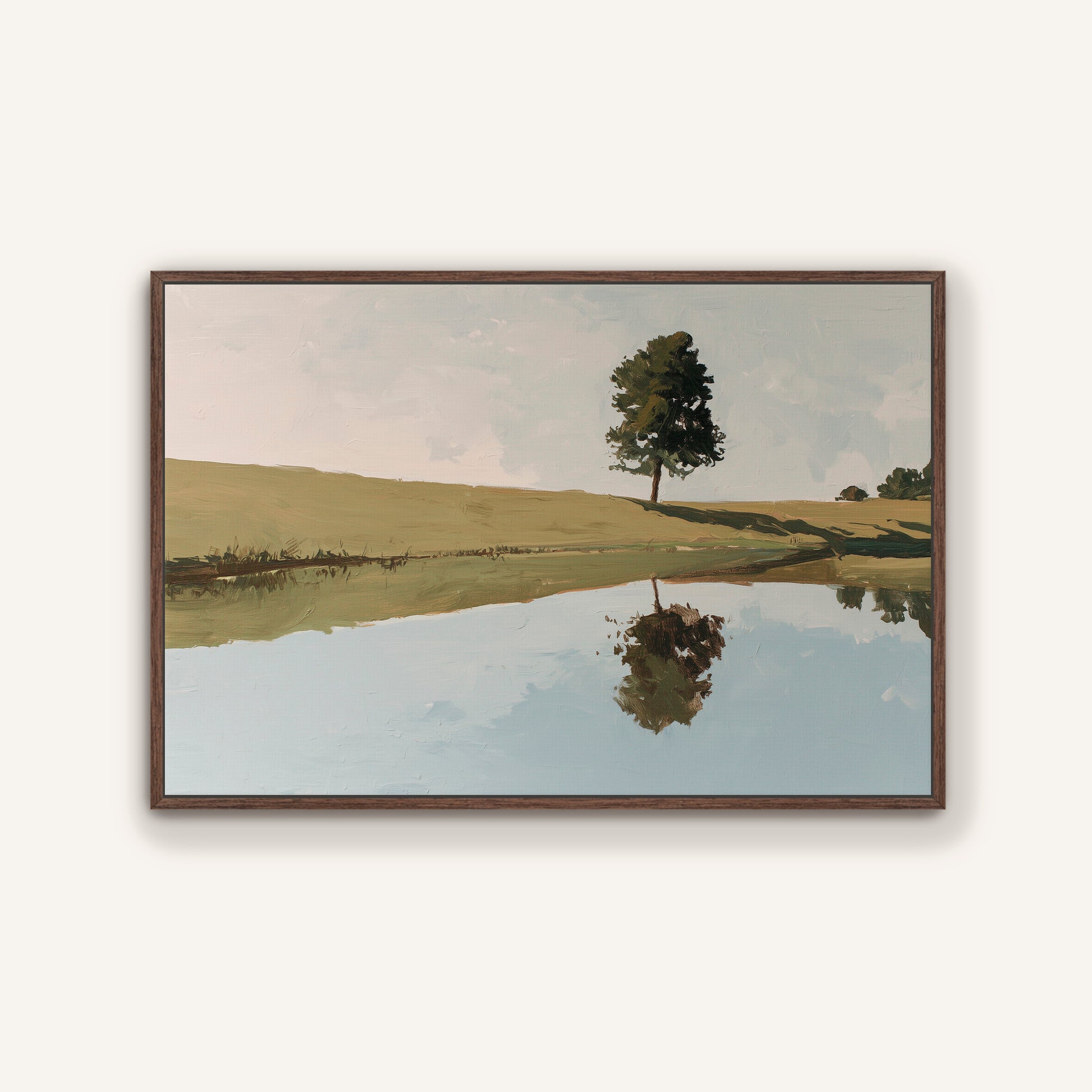The image is a painting depicting a serene landscape with a tree reflected in a calm body of water.