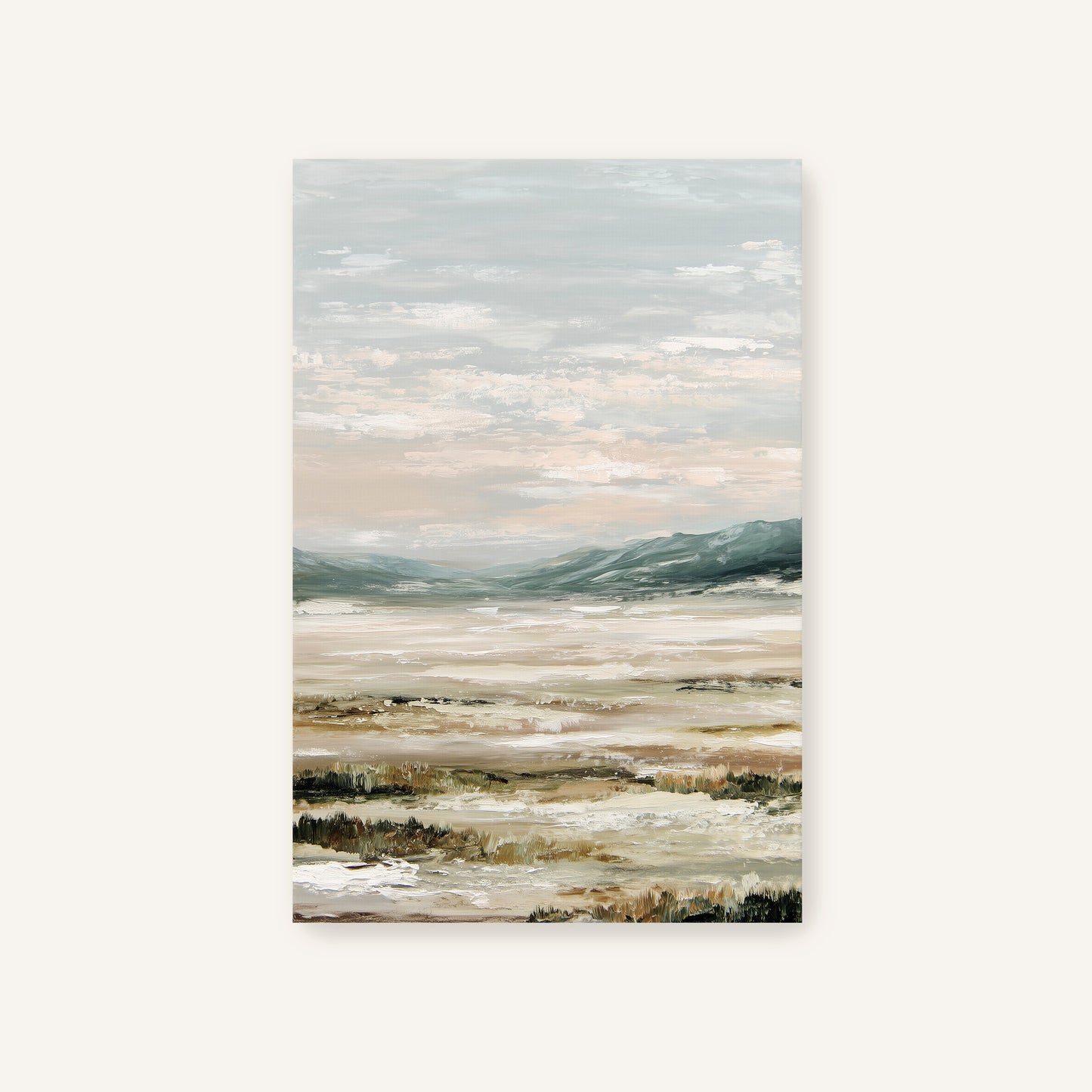 a serene landscape with a vast body of water, mountains in the distance, and a cloudy sky above.