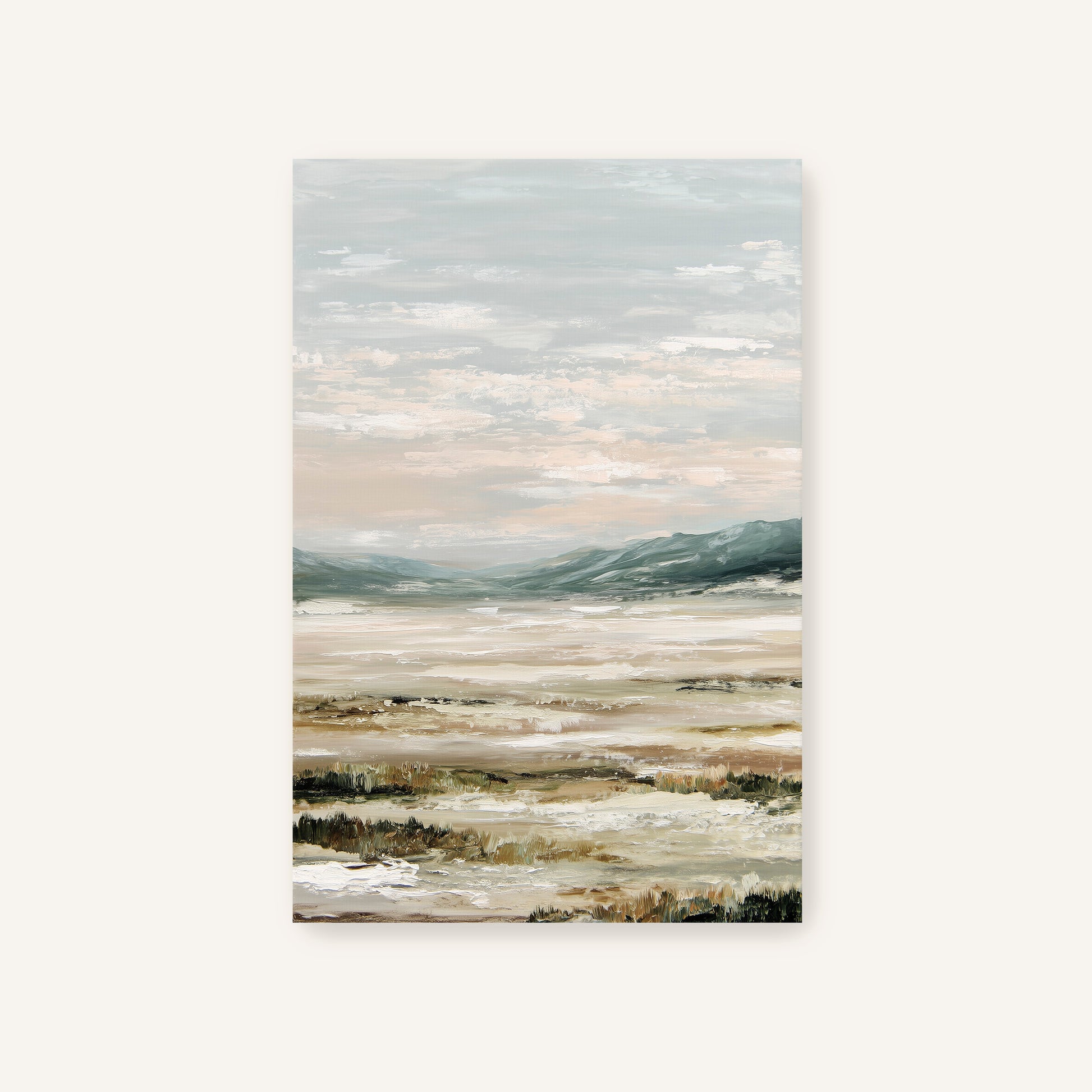 a serene landscape with a vast body of water, mountains in the distance, and a cloudy sky above.