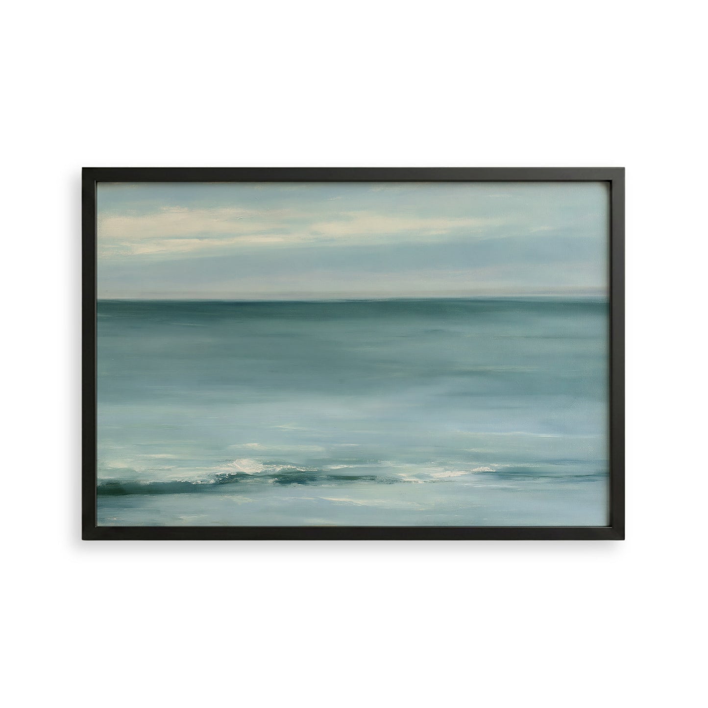 The image is a framed painting depicting a serene ocean scene with a calm, blue-green color palette and a hazy, misty atmosphere.