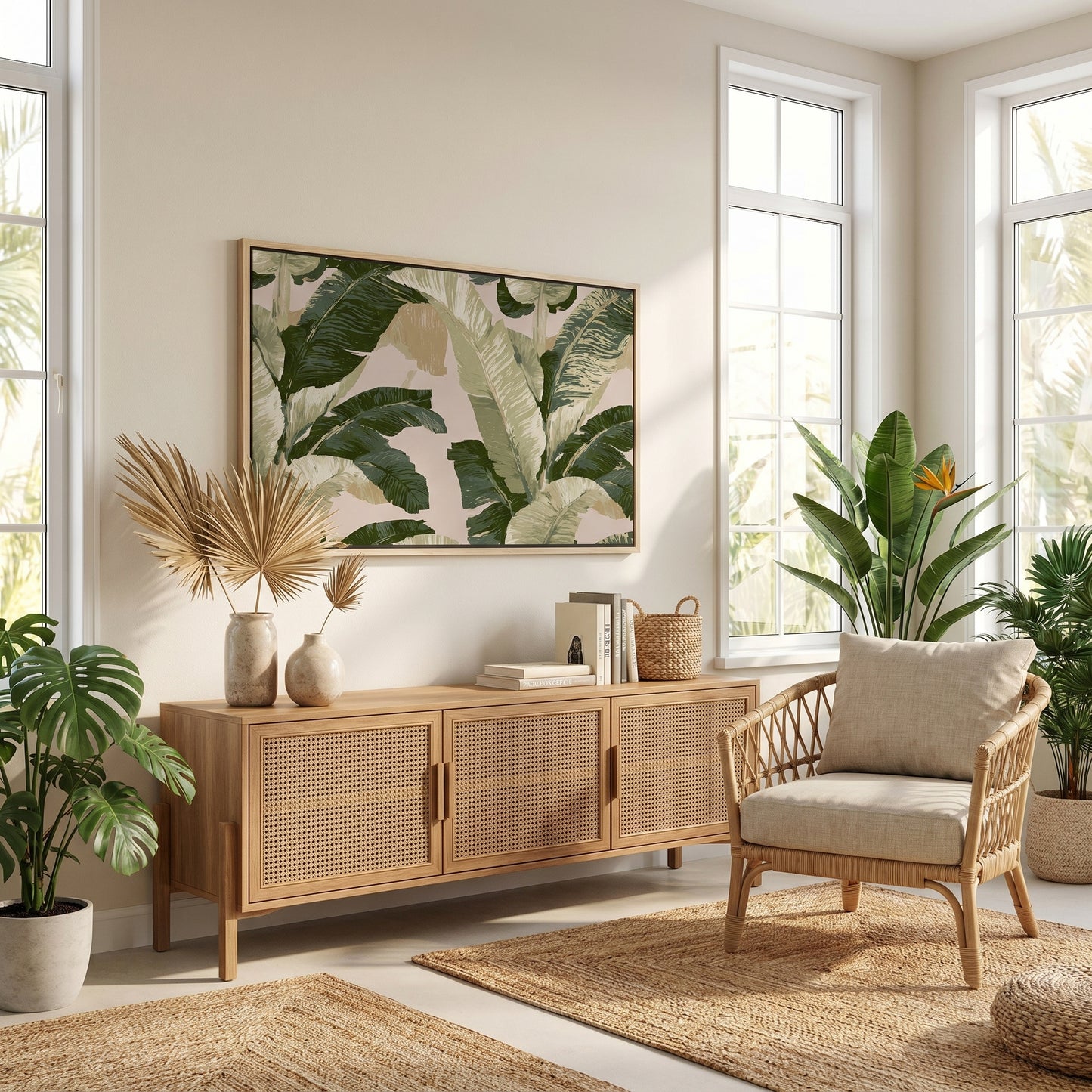a cozy and inviting living room with a large window, a wooden cabinet, a woven chair, and a large tropical print on the wall.