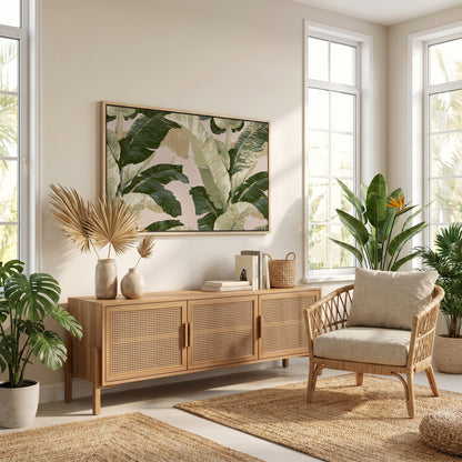 a cozy and inviting living room with a large window, a wooden cabinet, a woven chair, and a large tropical print on the wall.