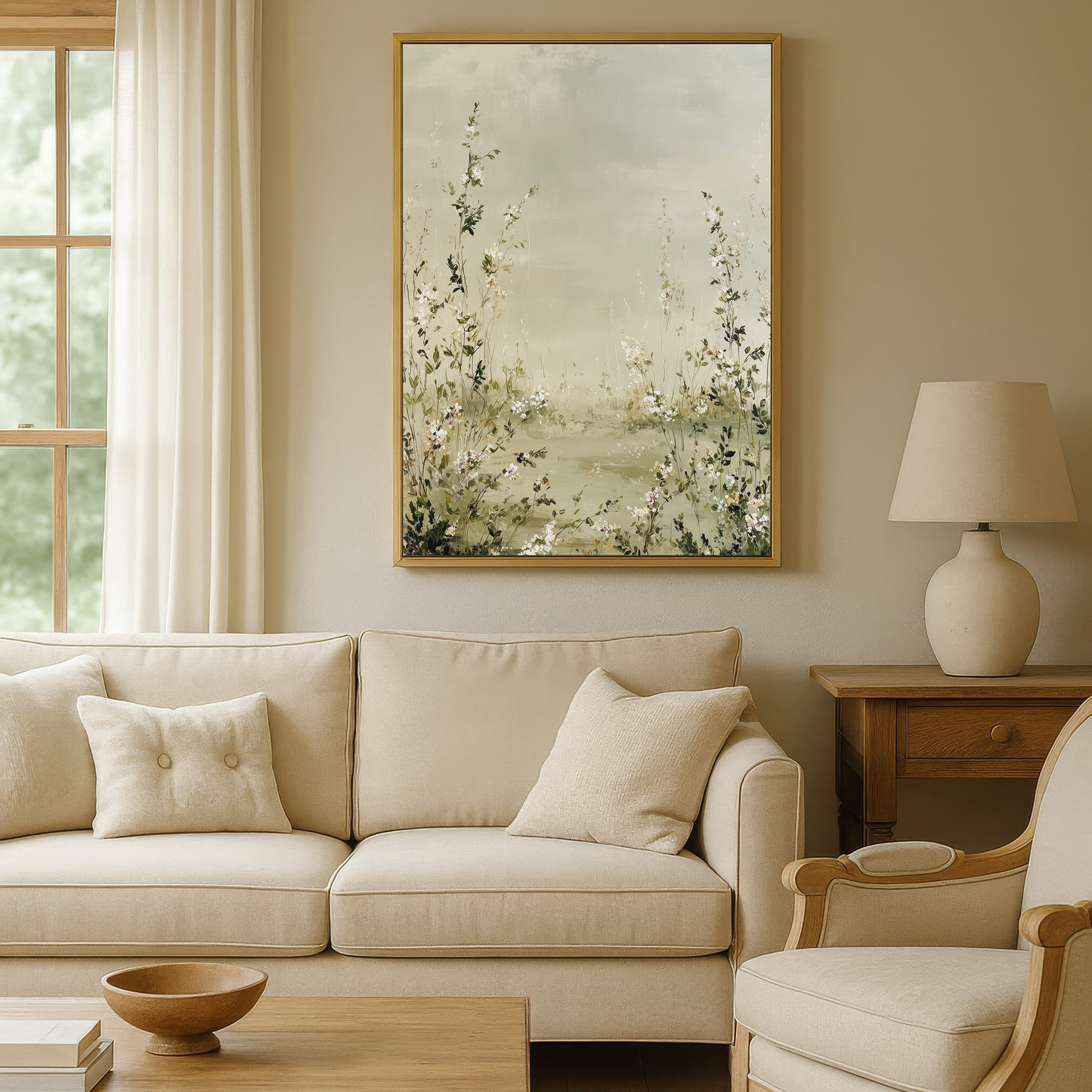 a cozy living room with a large window, a beige sofa, a wooden coffee table, and a framed painting of flowers on the wall.