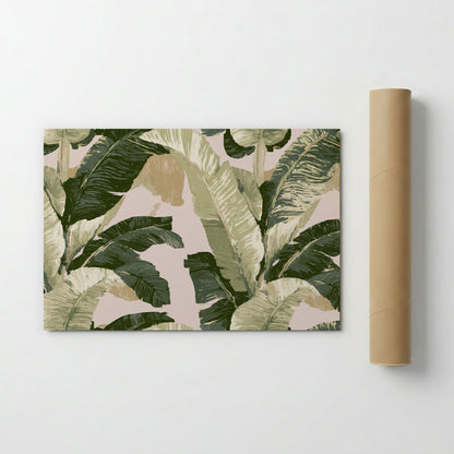 a large, vibrant print of a tropical leaf pattern in shades of green and beige.