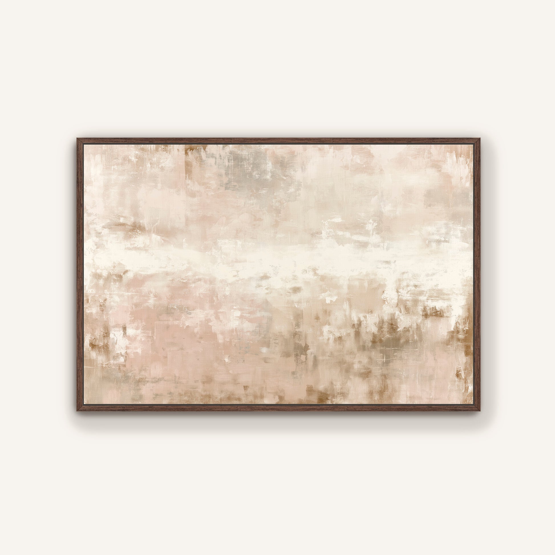 The image is a framed abstract painting with a light beige and brown color palette.