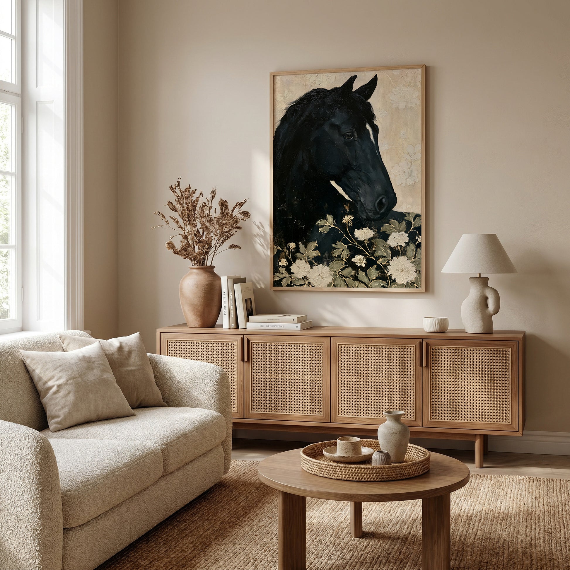 a cozy living room with a large black horse painting on the wall, a beige sofa, a wooden sideboard, and a round wooden coffee table.