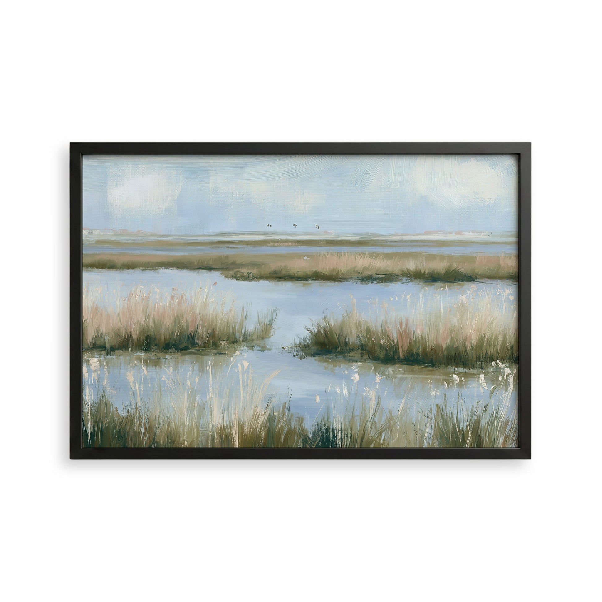 The image is a framed painting depicting a serene landscape with a body of water surrounded by tall grasses and a cloudy sky.