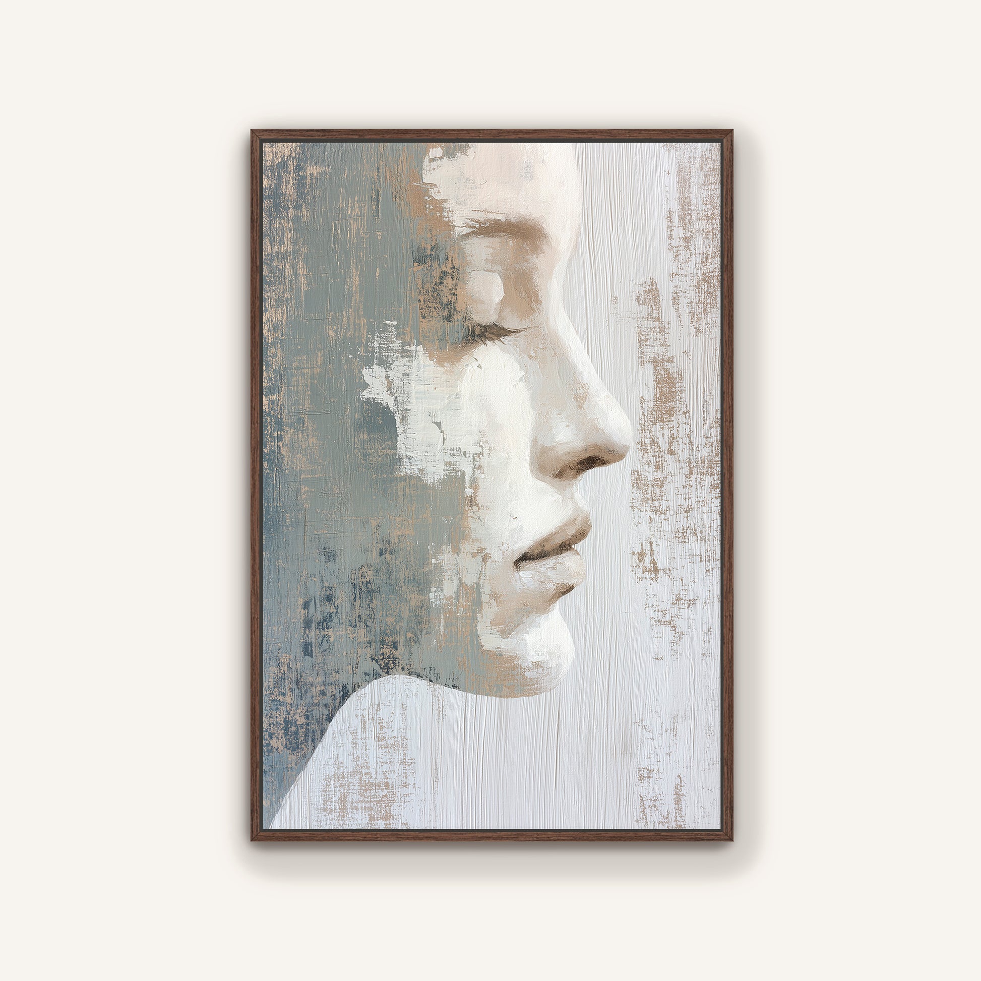 The image is a framed painting depicting a close-up profile view of a person's face, with a textured background.