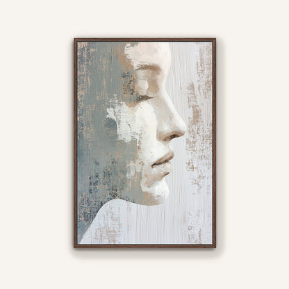 The image is a framed painting depicting a close-up profile view of a person's face, with a textured background.