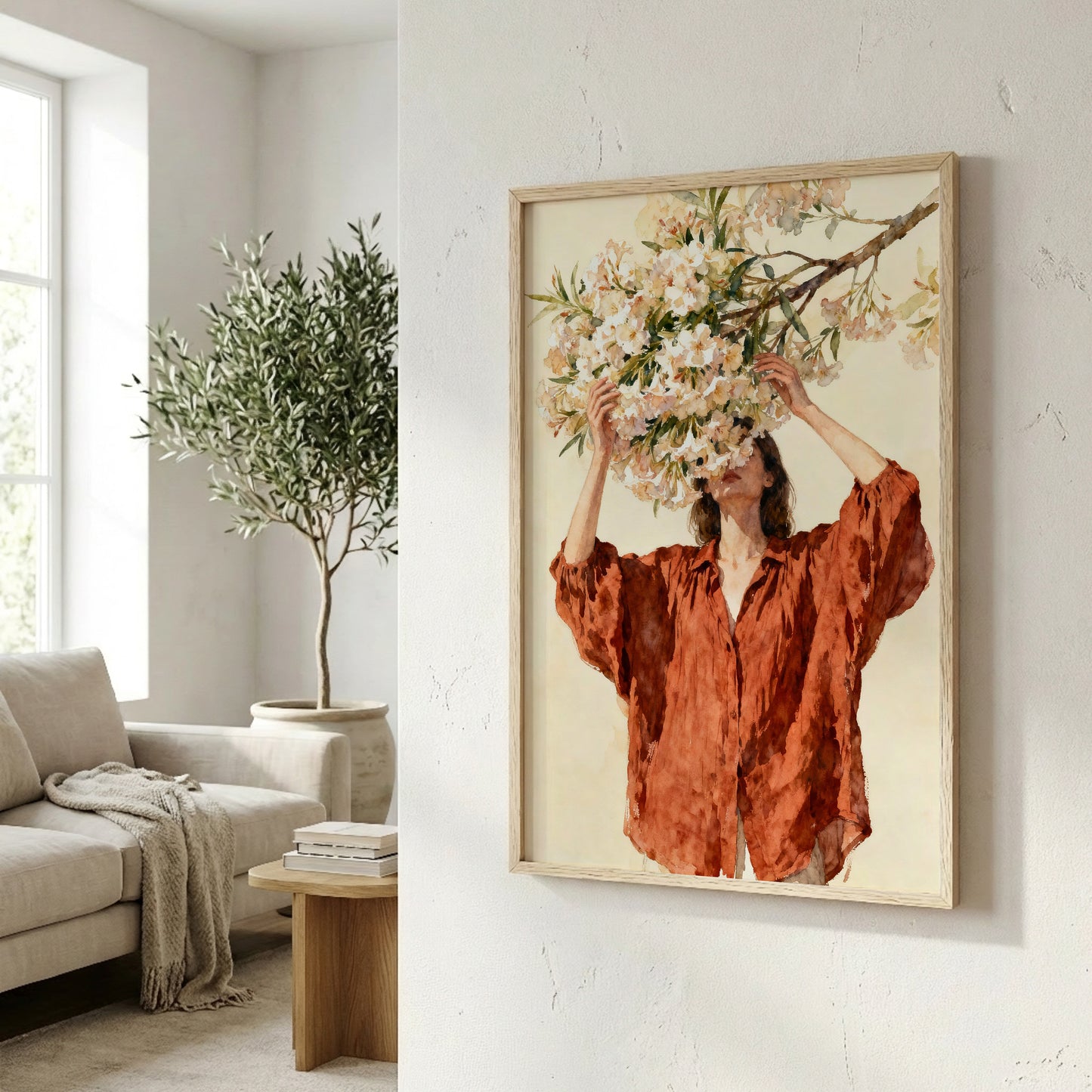 a woman in a red blouse standing in a living room, with a potted plant and a framed painting of a woman with flowers in her hair hanging on the wall.