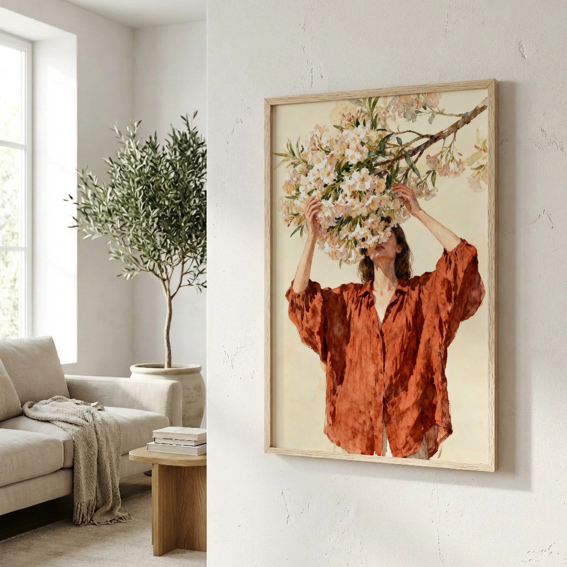 a woman in a red blouse standing in a living room, with a potted plant and a framed painting of a woman with flowers in her hair hanging on the wall.
