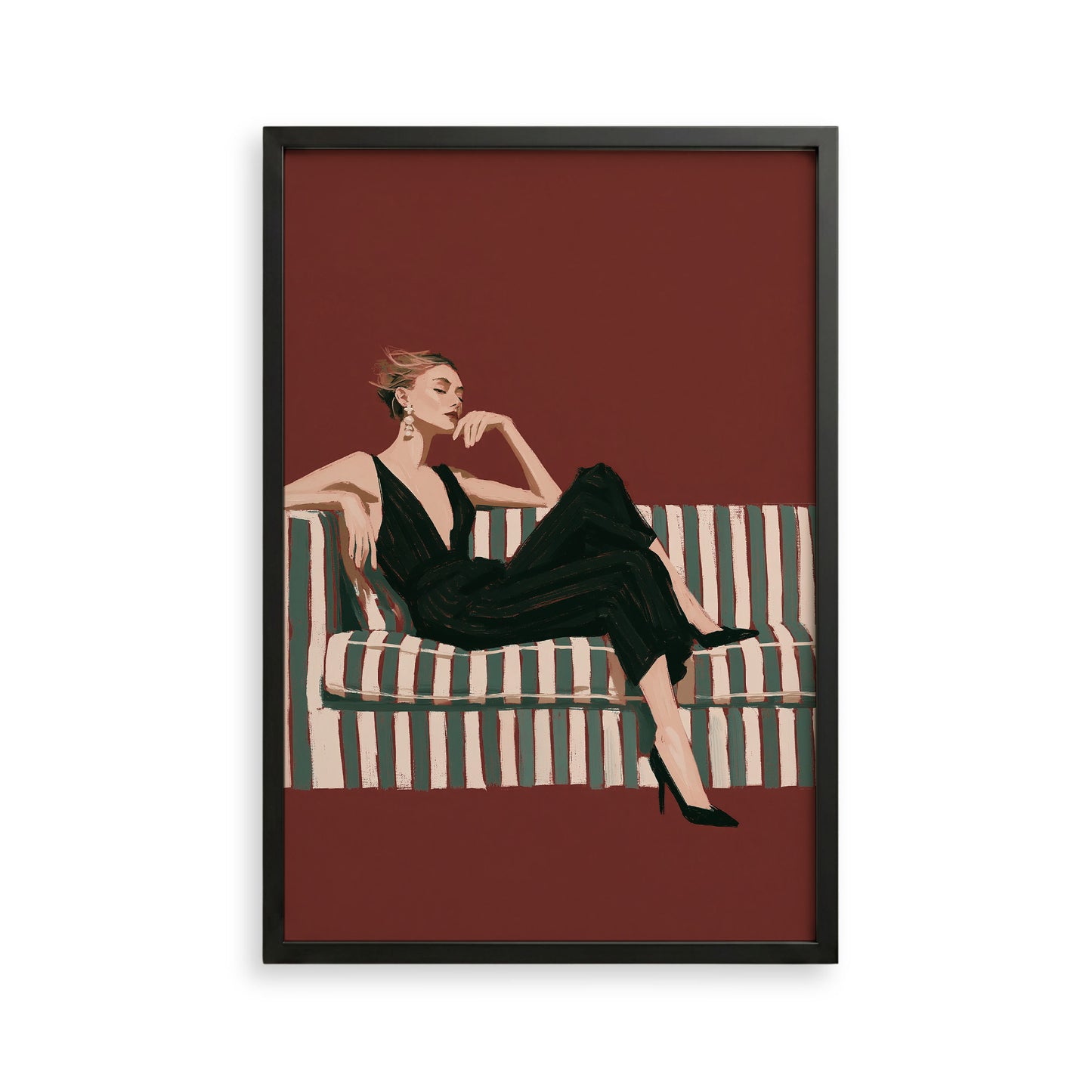 A woman in a black jumpsuit is sitting on a striped couch, with her hand on her chin.