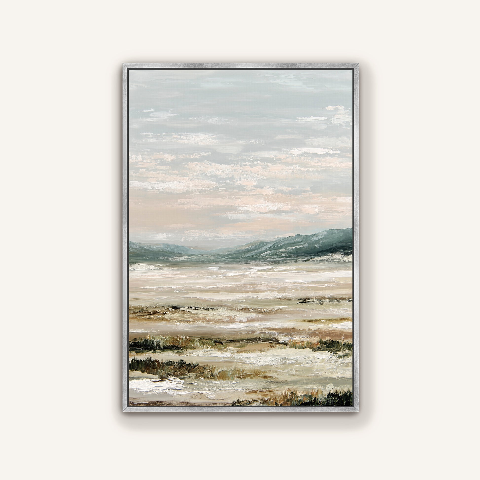 The image is a framed landscape painting depicting a serene scene of a body of water surrounded by mountains and hills.