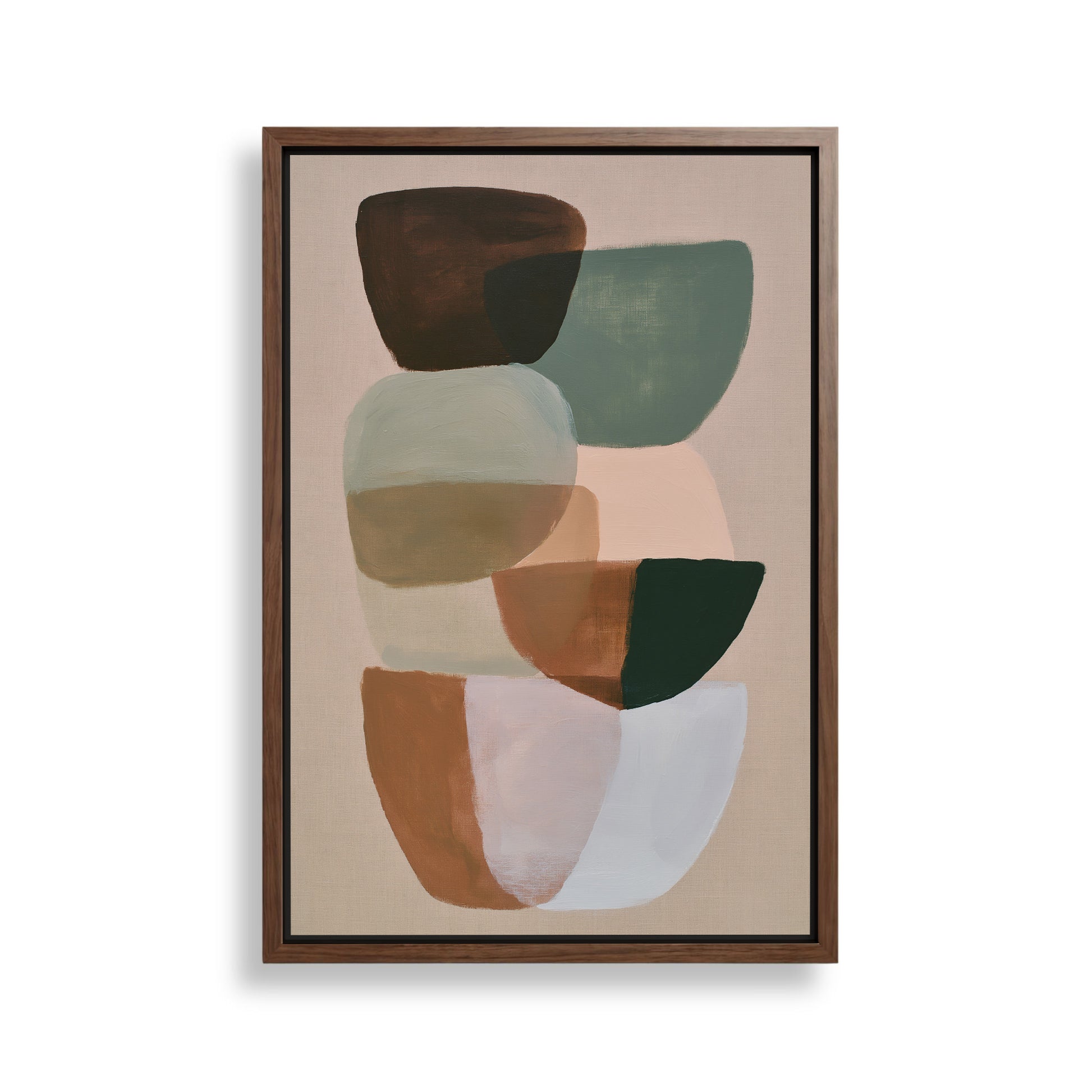 The image is a framed abstract painting featuring a variety of shapes and colors, including shades of brown, green, and white.