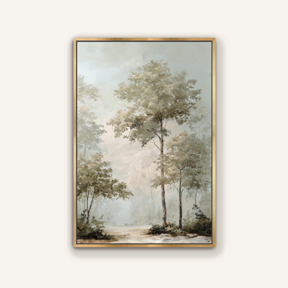 The image is a painting of a forest scene with trees and a path leading through the landscape.