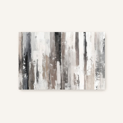 The image is a rectangular abstract painting with vertical lines in various shades of gray and white, creating a sense of depth and dimension.