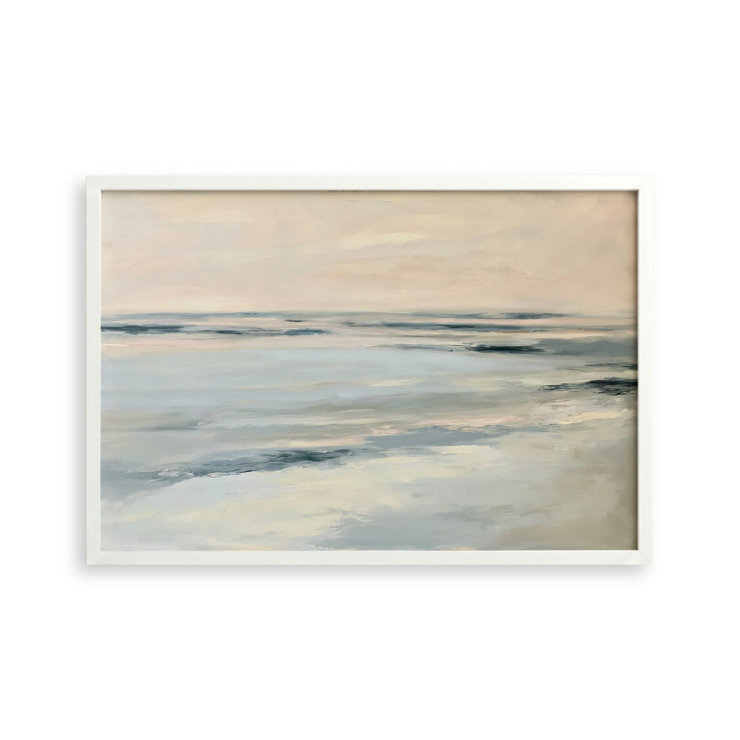 The image is a painting of a serene ocean scene with a cloudy sky in the background.