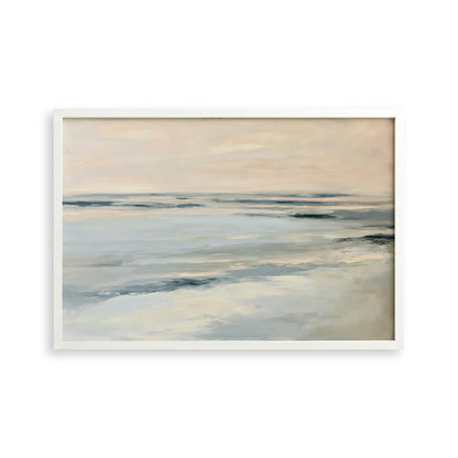 The image is a painting of a serene ocean scene with a cloudy sky in the background.