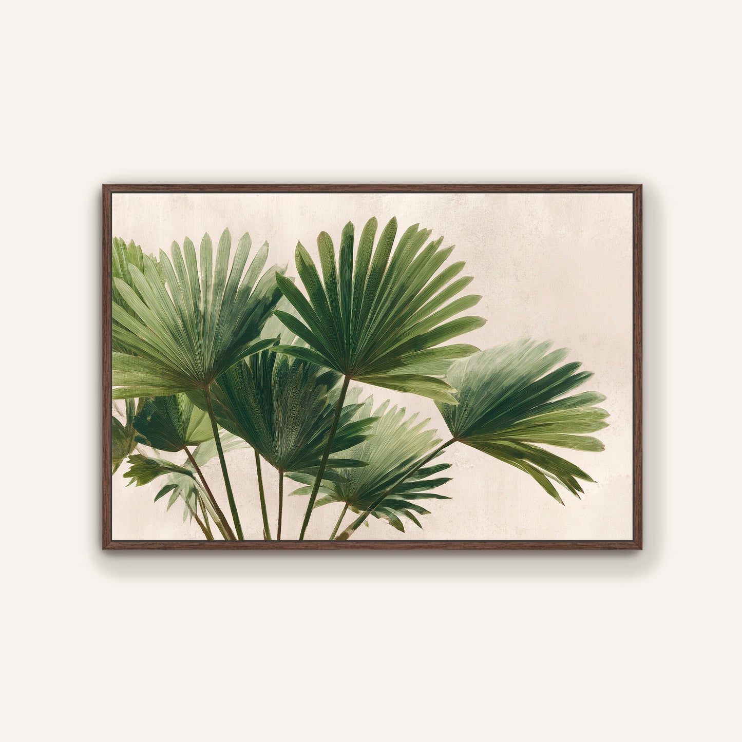 a close-up view of a group of green palm leaves, with their distinctive fan-shaped foliage prominently displayed.