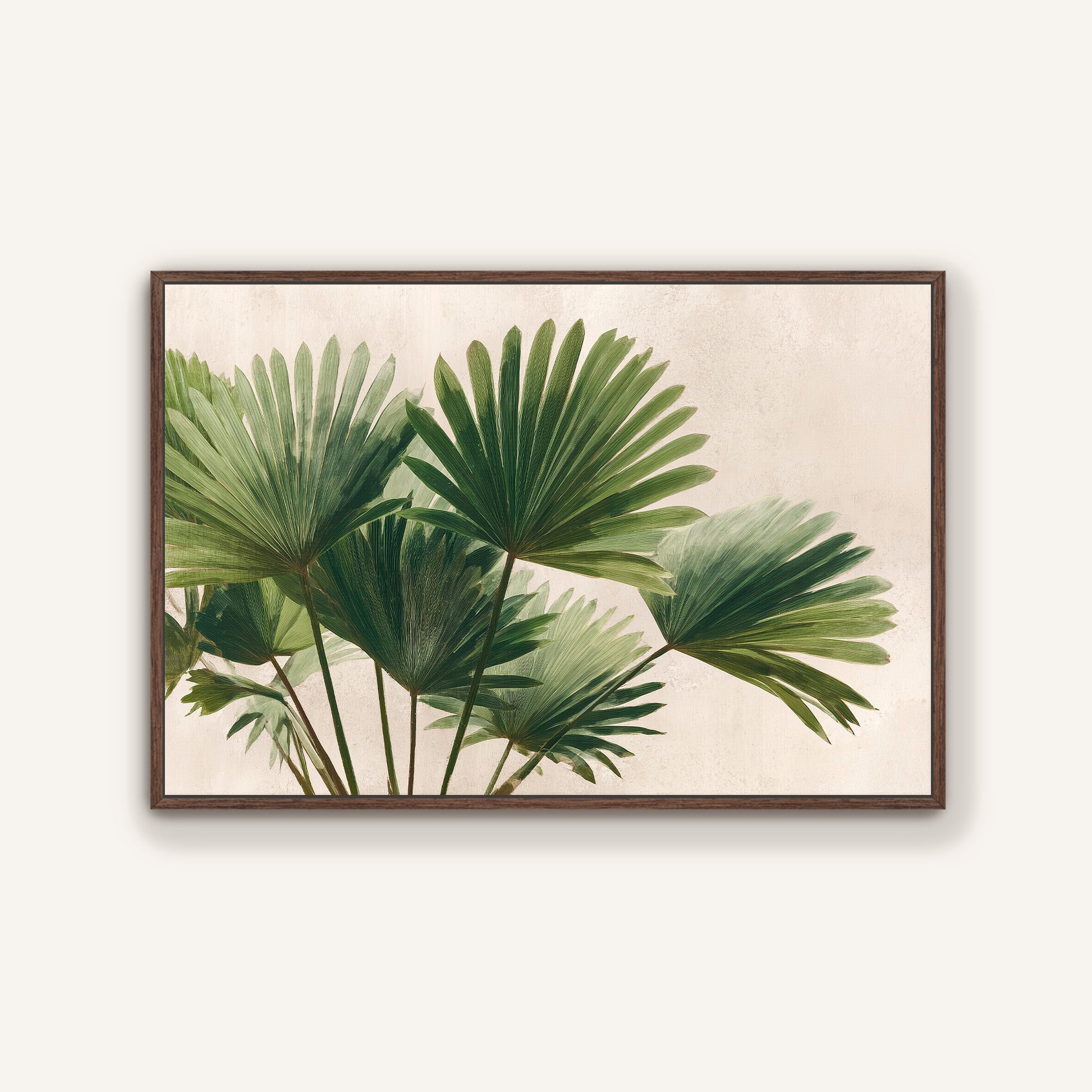 a close-up view of a group of green palm leaves, with their distinctive fan-shaped foliage prominently displayed.