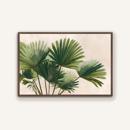 a close-up view of a group of green palm leaves, with their distinctive fan-shaped foliage prominently displayed.