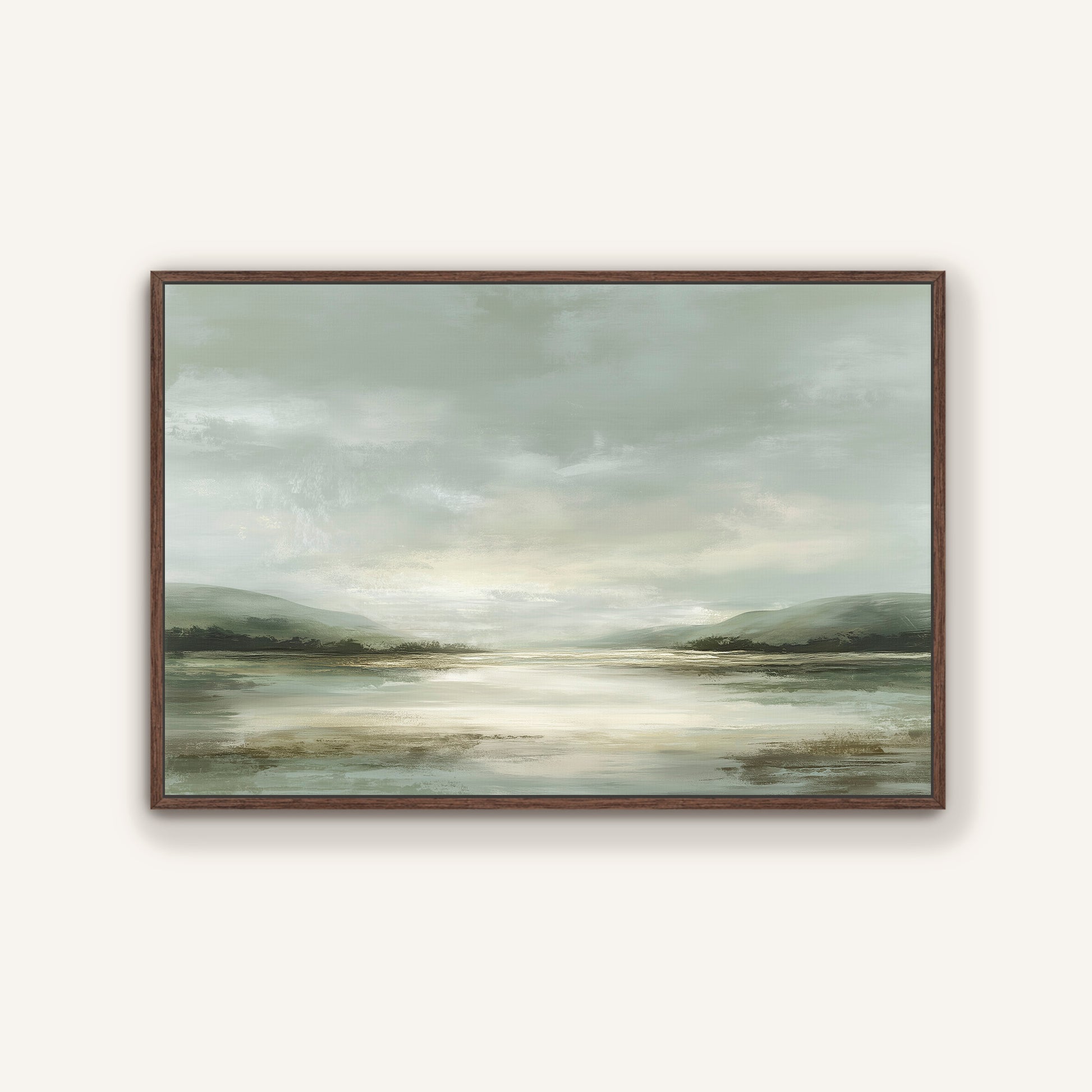 The image is a landscape painting depicting a serene scene of a lake surrounded by mountains under a cloudy sky.