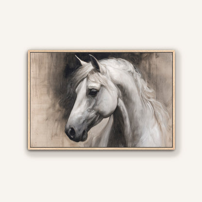 A black and white portrait of a horse, with its head turned to the side and flowing mane.