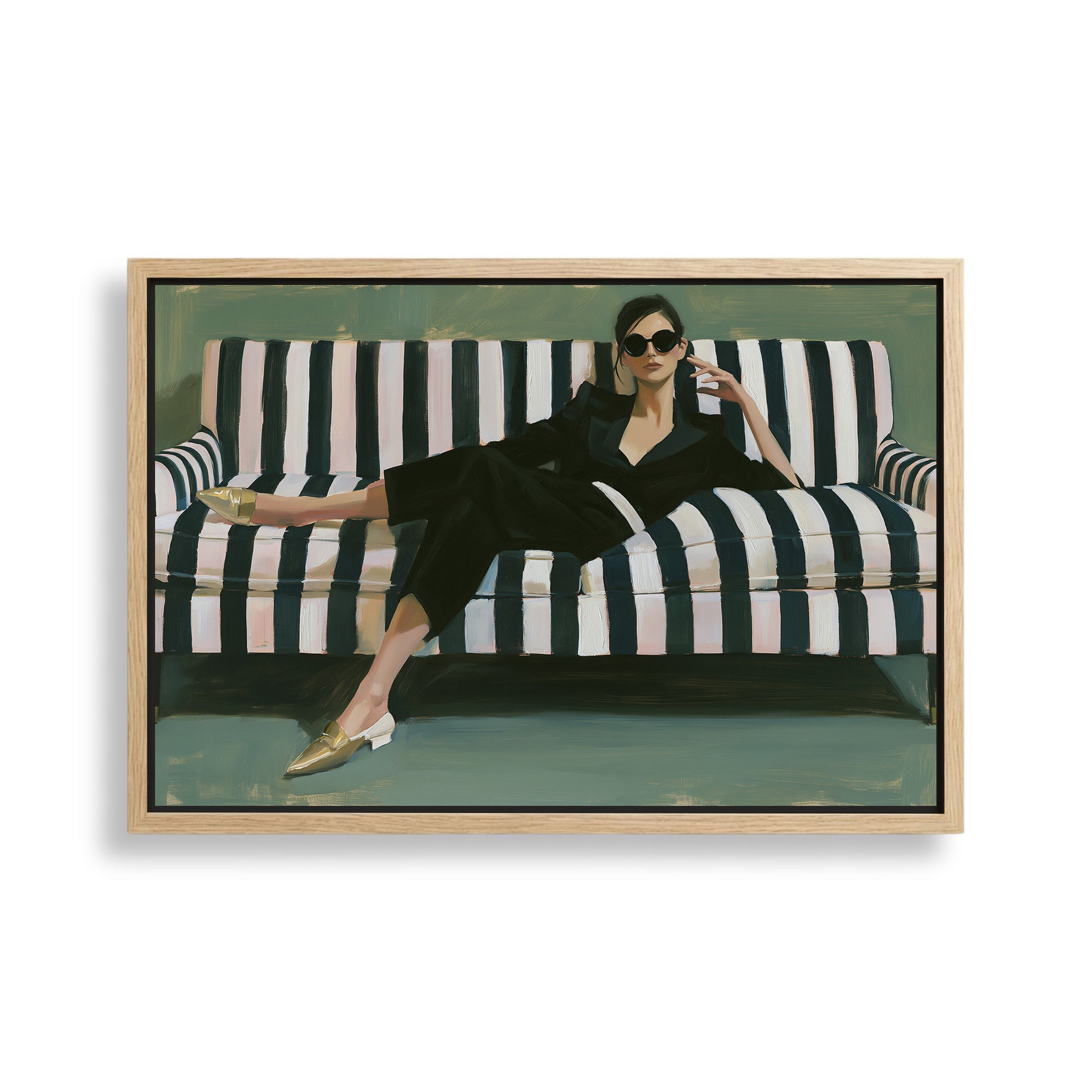 A woman in a black jumpsuit is sitting on a striped couch, wearing sunglasses and gold shoes.